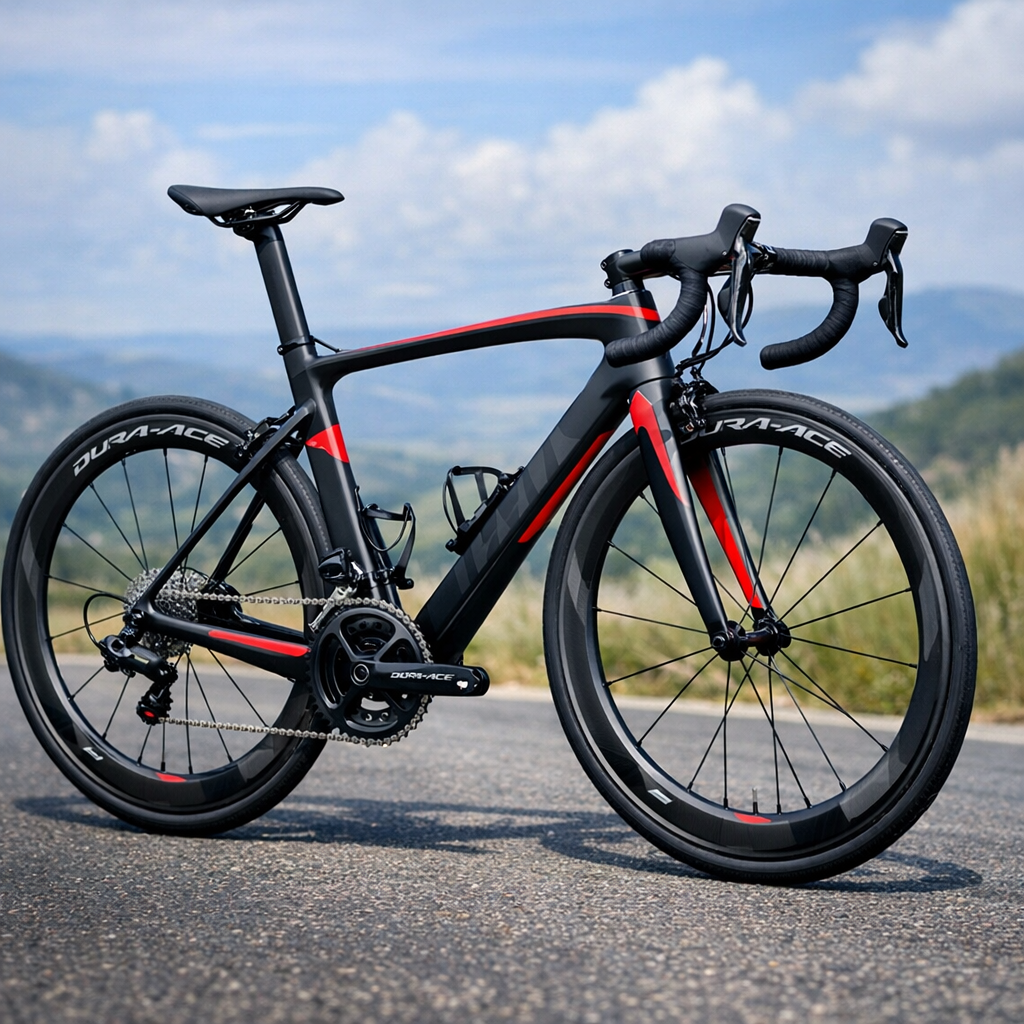 Black and red road bike with drop bars and Duraace components parked on