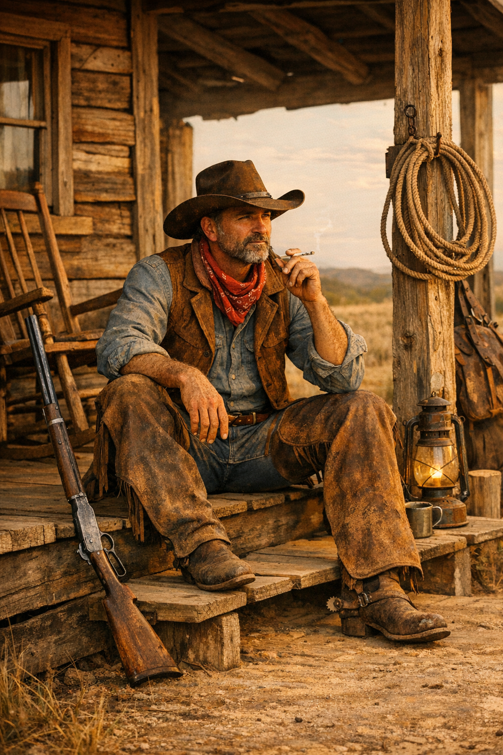 Weathered cowboy sitting on wooden steps of a rustic cabin porch, wearing a